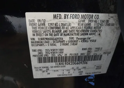 2013 Lincoln Mks z USA, uszkodzony, nr VIN 1LNHL9DK2DG609206